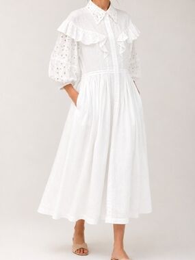 Chloé ruffled White broderie anglaise linen midi dress Blouson Sleeves NWT sz M